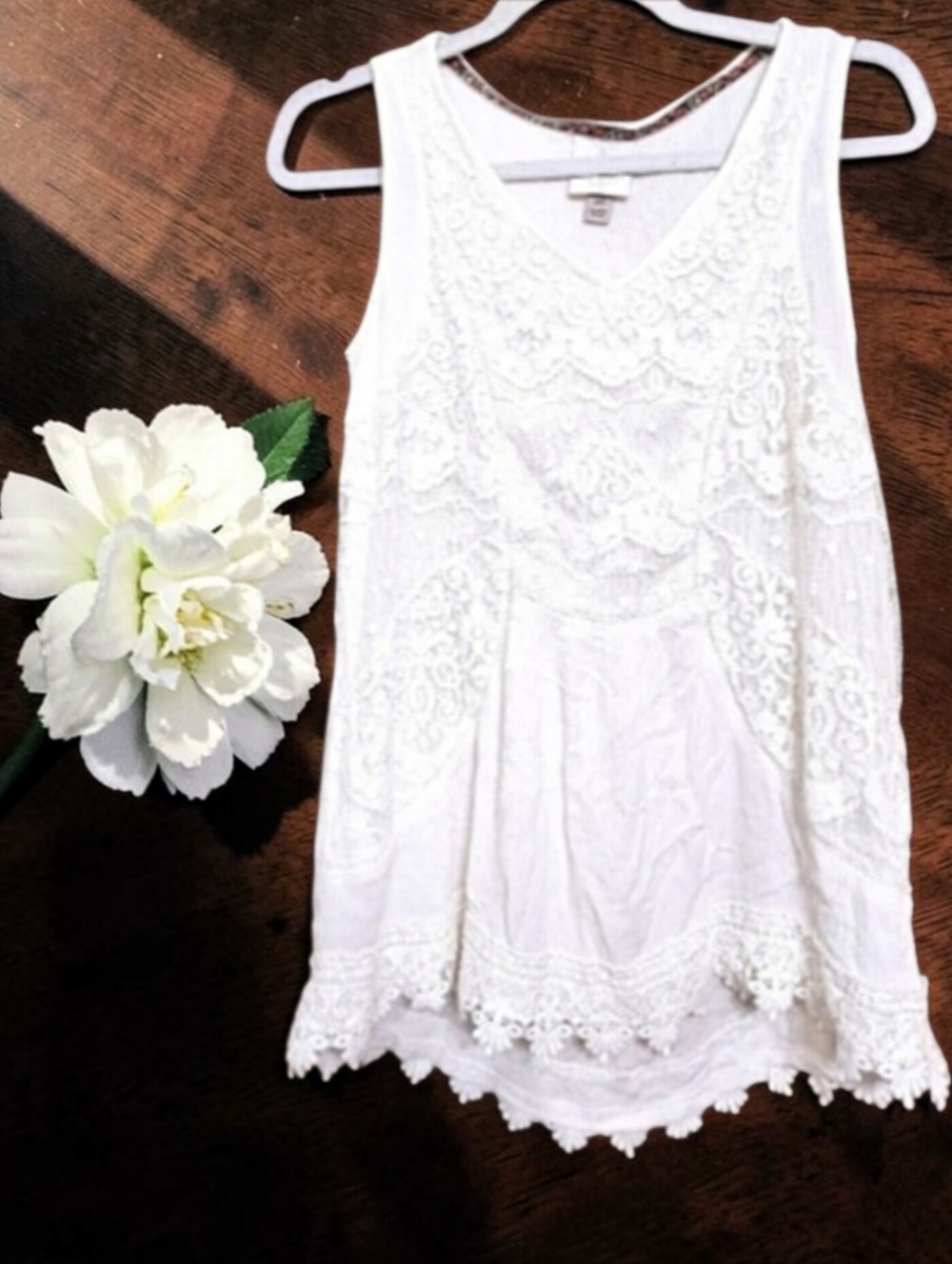 Knox Rose White Boho Lace Floral High Low Tank Top w/ Lace Trim, Size XS